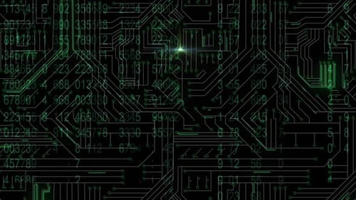 Animation of numbers changing and light over computer circuit boards