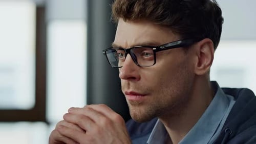 Closeup Serious Man Analyzing Financial Report Focused Project Manager Checking