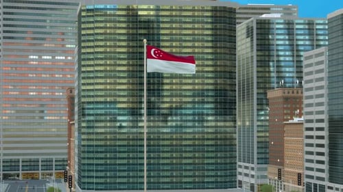 3D Animated Singapore Flag Waving Over Modern Cityscape