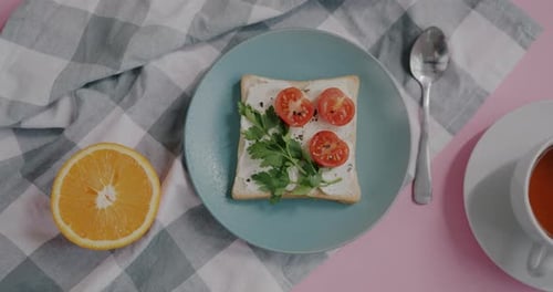 Healthy Breakfast Still Life with Sandwich and Tea