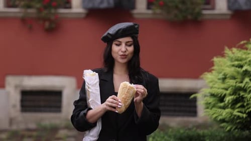 Bread Consumption Woman Nibbling Sidewalk Bakery