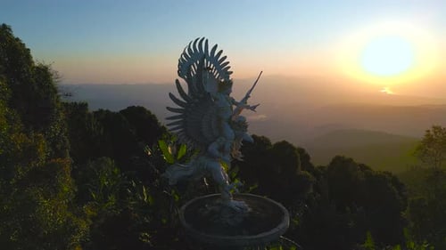 Aerial View on God Garuda Wisnu Kencana Statue in Bali Indonesia at Sunset Time