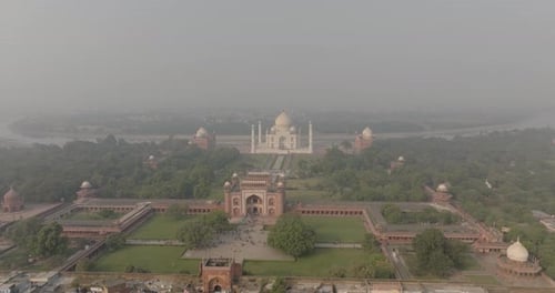 Aerial view of Taj Mahal and gardens, India.