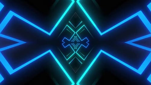 Dynamic blue neon tunnel background with geometric shapes moving