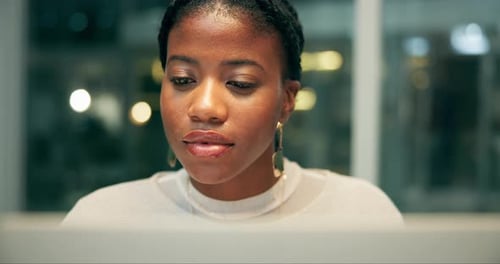 Administration, reading on laptop and project management with black woman in office at night