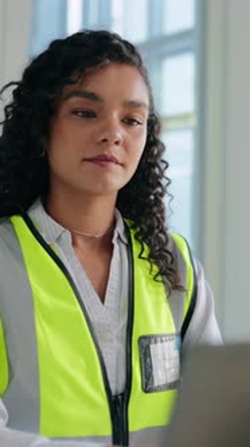 Engineer, face and woman with laptop for smile, contractor and architecture for building renovation
