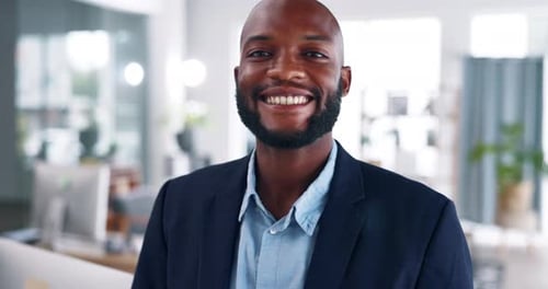 Face, happy business man and office with motivation, professional confidence and trust