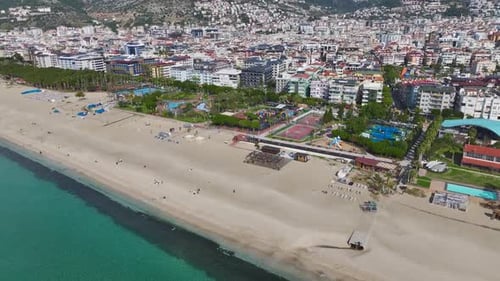Aerial Video of a City Panorama With a Beautiful Beach Blue Ocean and HighRise Buildings Along the