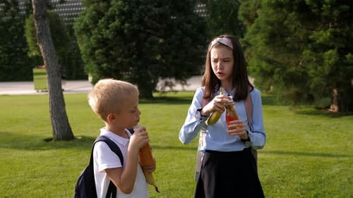 Schoolchildren in School Uniform Drink Juice in the School Yard on the Grass