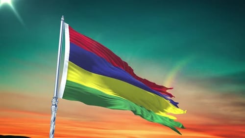 Waving Mauritius Flag Against a Beautiful Sunset Sky