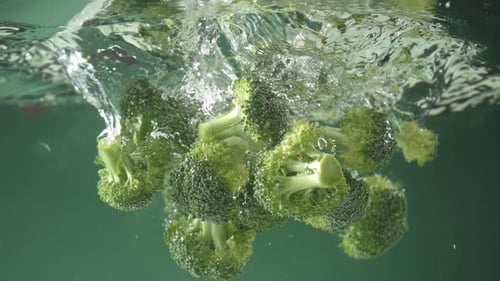 Slow motion of Fresh raw Broccoli falling into water on green background