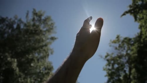 Hand Silhouette Raised Up to the Sun. Hand in the Sky Against