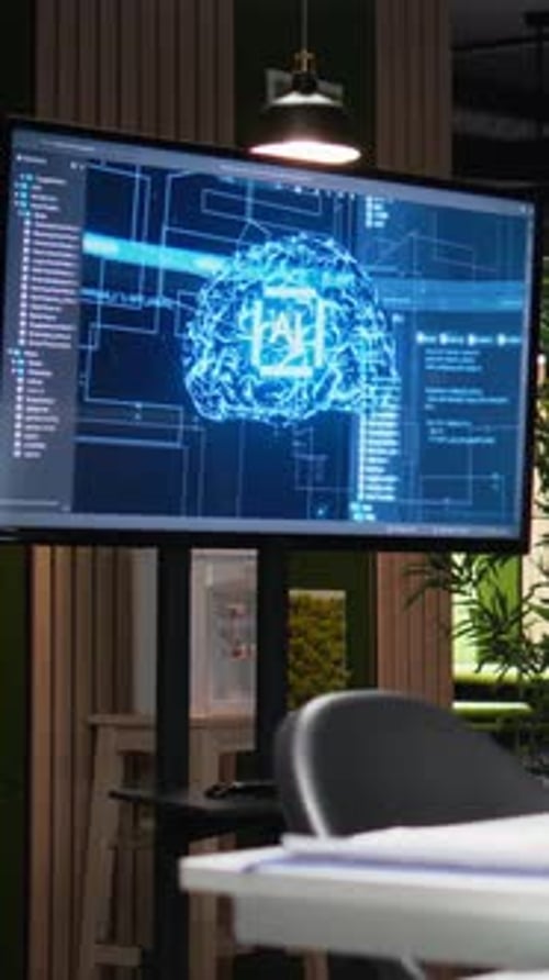 Vertical Video Artificial Intelligence Algorithms Displayed on Screen in High Rise Office