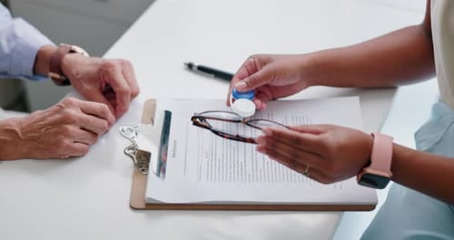 Hands, glasses and results for vision, eye care and healthcare for sight