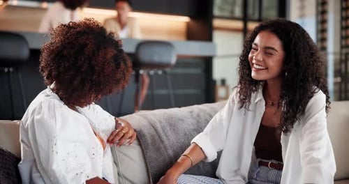 People, conversation and funny joke in home, friends and women with playful singing in lounge