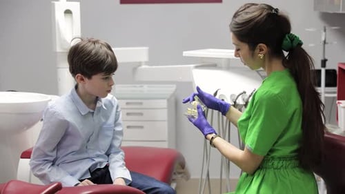 Hygienist Teaching Child to Care for Mouth Dental Clinic Specialist Teaching Child Oral Hygiene