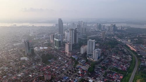 High-rise buildings and low-rise neighborhoods blend in the cityscape