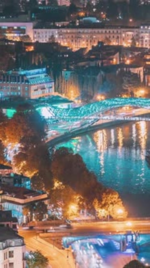 Timelapse Of Amazing Top View Of City Landmark Bridge In Night Illuminations
