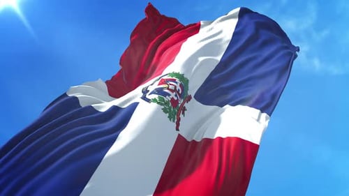 Dominican Republic Flag Waving on Sunny Blue Sky