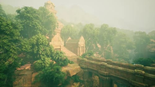Ancient Temple Ruins Shrouded in Thailands Morning Jungle Mist