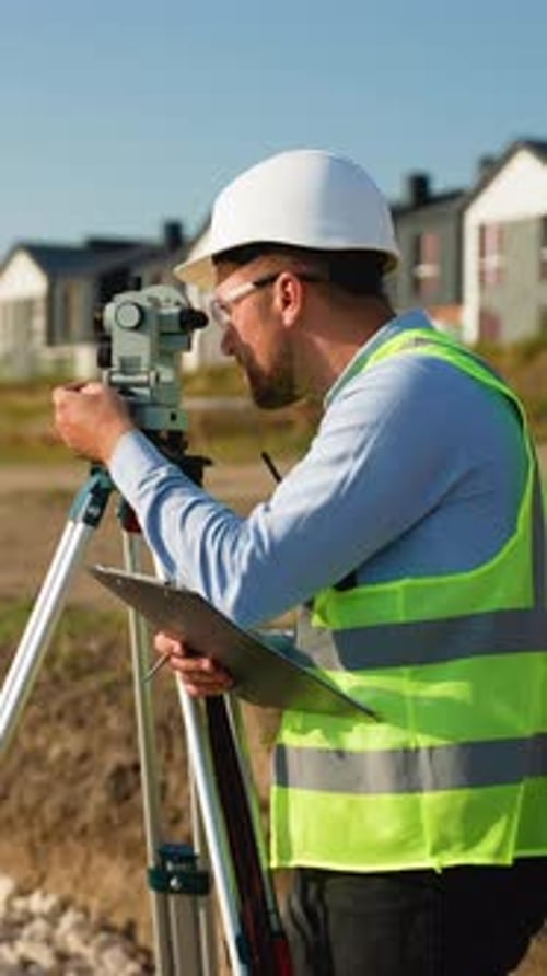 Surveyor Using Theodolite Leveling Tool at Construction Site