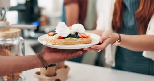 Hands, bakery and customer service with food, plate and meal at restaurant, store and cafeteria