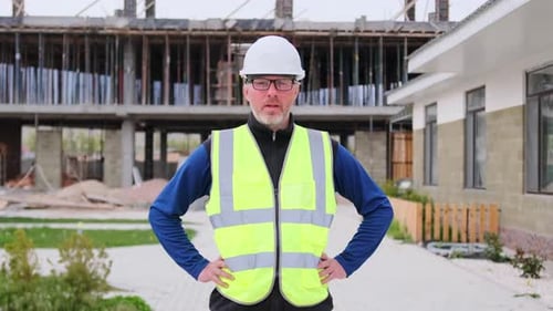 Un ingeniero de ingeniería civil lleva un casco de pie sobre el fondo de los edificios de la obra.