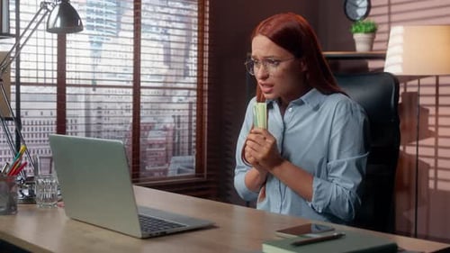Caucasian Business Woman Waiting Result Looking in Laptop Loose Money Online Bet Failure in Office