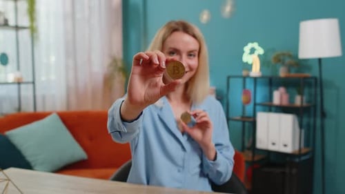 Business Woman Stock Trader Earning Bitcoins After Online Monitoring Trading Operations Crypto Coins