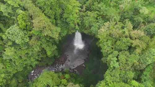 Aerial View of Rainforest Crater with Strong Waterfall and Plunge Pool Bali