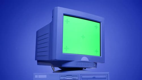 PC retro con clave cromática, pantalla verde, estudio de computadora antiguo, primer plano, escritorio, pantalla de onda retro vintage