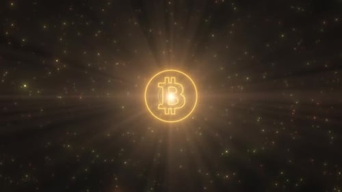 Bitcoin Cryptocurrency Logo Shape Outline Glowing Neon Lights Tunnel