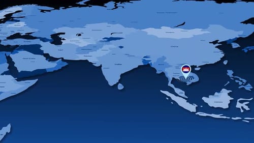 3D World Map Zooming to Cambodia Location Pin