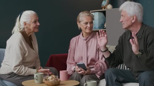 Seniors Talking Together Sitting in Living Room