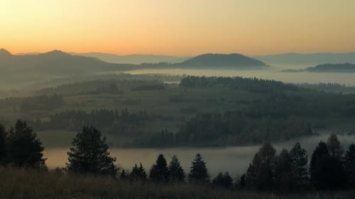 Misty Valley Landscape at Sunrise or Sunset