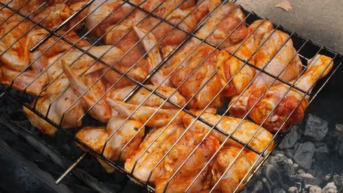 BBQ Picnic Time Roasted Chicken Legs and Wings on Grill Grilling Meat on Outdoor Grill Grid Tasty