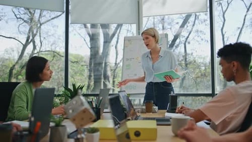 Team Leader Talking Meeting at Coworking Place Young Happy Group Clapping Hands