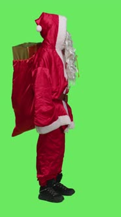 Vertical Video Side View of Santa Claus Hitchhiking with Suitcase