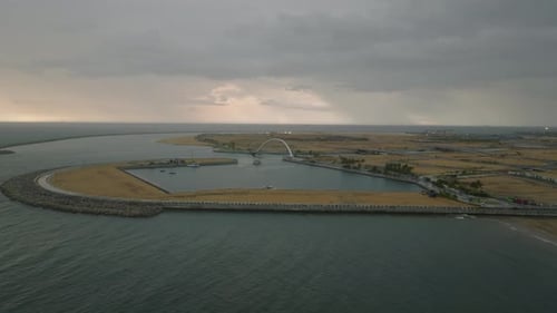 Aerial Panoramic View of Colombo City Port with Marina and Park Cloudy Sky with Rain in Distance