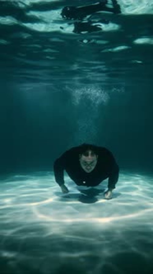 A Man Super Agent Suit Swims in a Dark Pool Underwater Towards the Camera