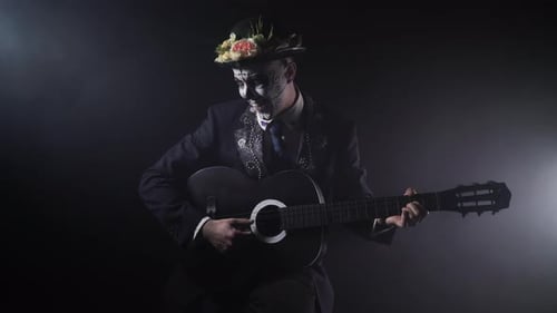 Mariachi with the Santa Muerte face paint is playing the guitar, 4k