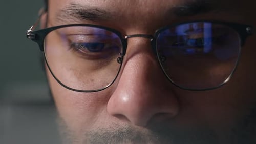 Close Up Businessman in Eyeglasses Working with Computer Data Crypto Analyzing Cropped View Male