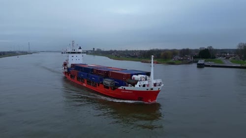 Barge Loaded With Intermodal Containers In Waterways Near Dordrecht, Netherlands. Aerial Shot