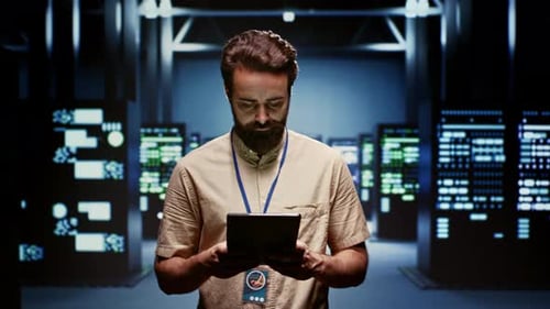 Man with Tablet in Data Center Smiling at Camera