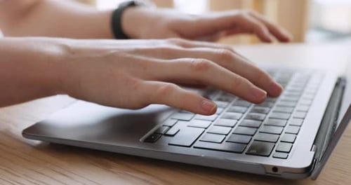 Laptop typing, email communication and man working from home, writing on keyboard