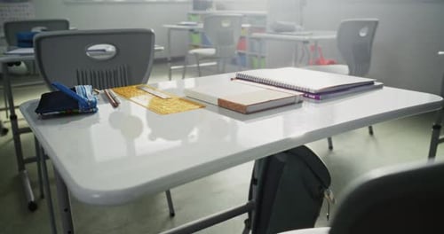 Close Up Shot of School Desk with Student School Supplies Pencil Case Pens and Pencils Notebooks