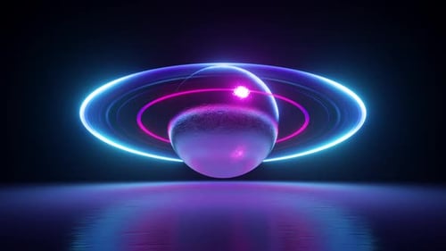 Dynamischer Neonplanet mit leuchtenden Ringen, die sich auf der Wasseroberfläche reflektieren