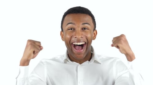 Man Celebrates with Joy on White Background