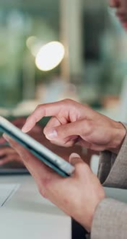 Tablet, scroll and hands of business person in meeting for finance report, research and revenue