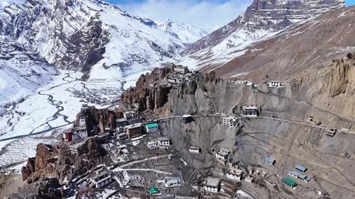 Aerial drone shot capturing the breathtaking view of Dhankar Monastery